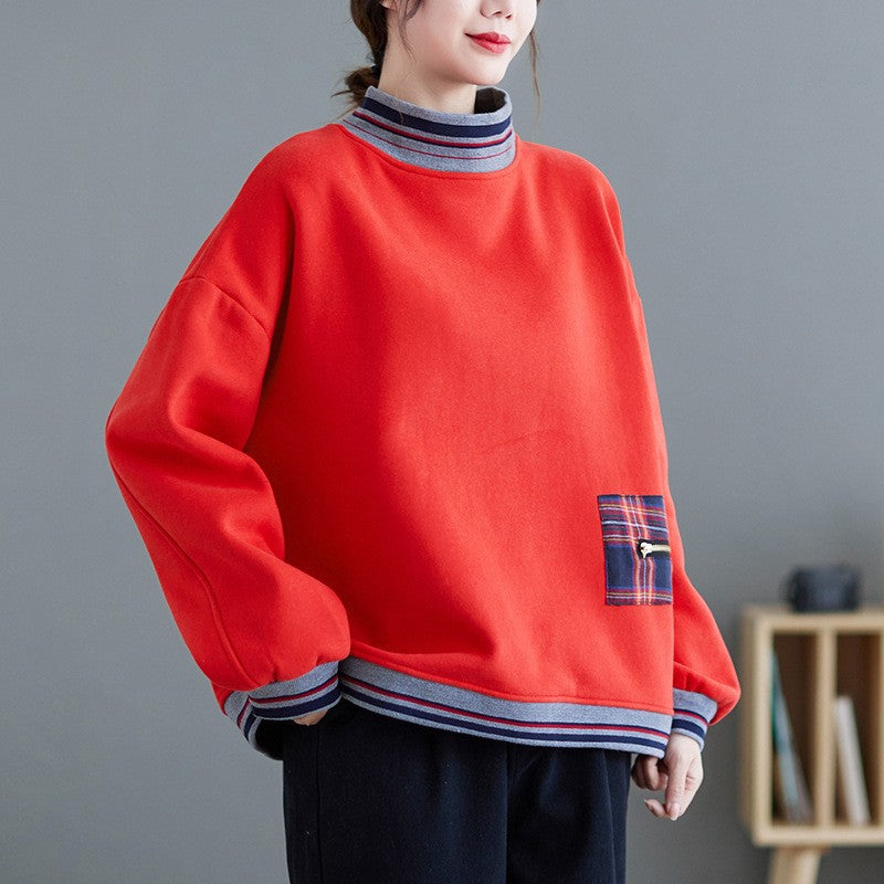 New 2023 Winter new cotton patch turtleneck sweater women's fleece-lined warm loose pullover top