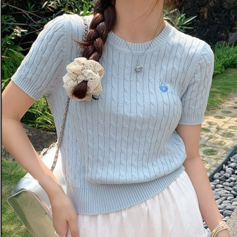 Short-Sleeved T-Shirt for Women in Summer, New Slim Fit, Versatile Yellow Twist Retro Short Knitwear, Fashionable…
