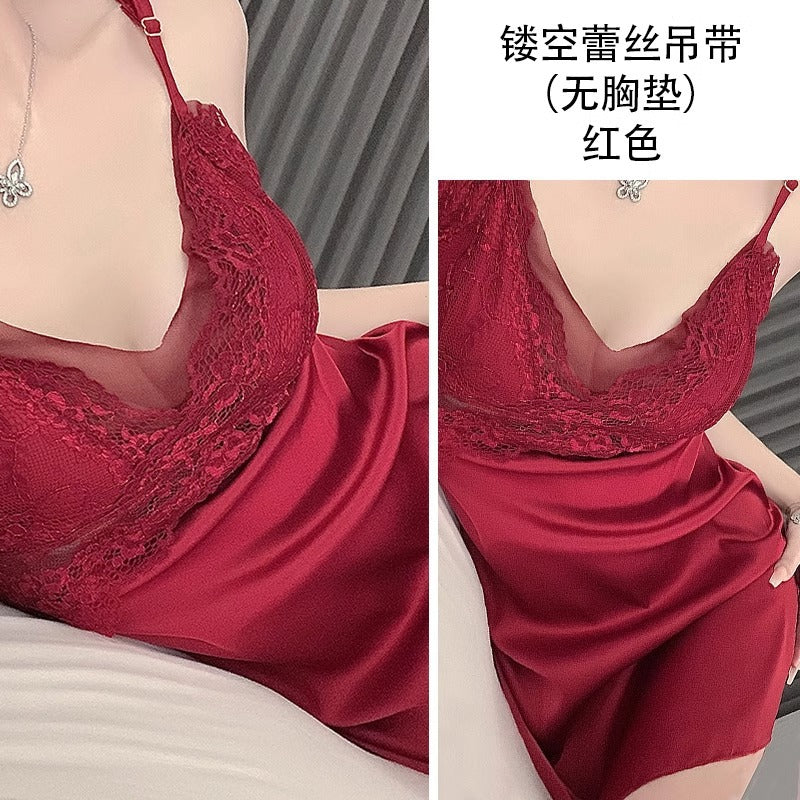 Sexy Pajamas for Women Pure Lust Style 2025 Spring and Summer New Mesh Lace with Breast Pad Suspender Nightgown Nightgown Set