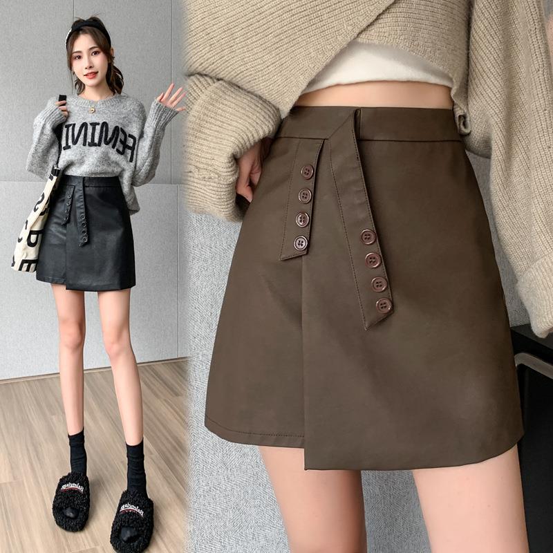 Women's Leather Skirt 2026 Autumn and Winter New Style Irregular High-Waisted Slimming Pu Leather Skirt Versatile with Built-In Shorts
