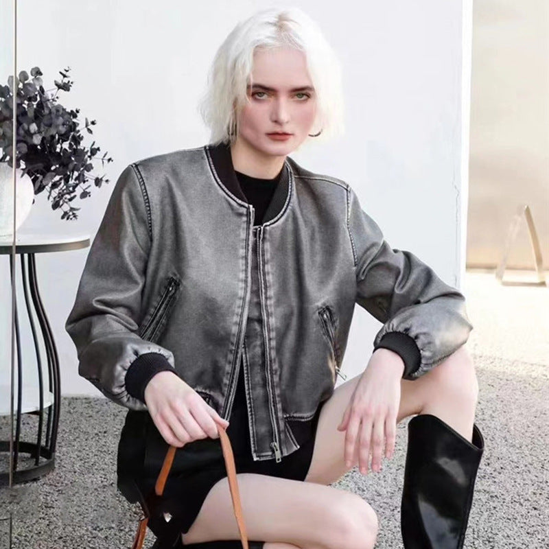 Spring and Autumn New American Style Leather Jacket Retro Style Old Faux Leather Aviator Jacket Coat Women's Round Neck Flying Suit Top