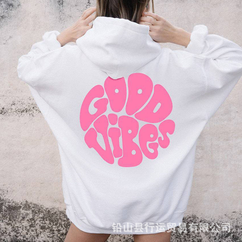 Foreign Trade Women's Good Vibes Hoodie Oversized Hoodie Sweatshirt Digital Printing Pure English Round Neck