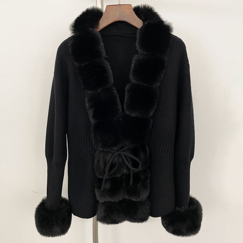 Women's Knitted Sweater 25 Spring Knitted Cardigan Imitation Fox Fur Coat Women's New Style Short Sweater Women