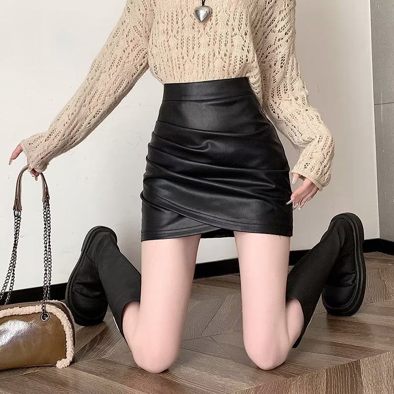 Black Leather Skirt for Women Summer New Large Size Fat Pleated Skirt Anti-Exposure Hip Skirt Short Skirt