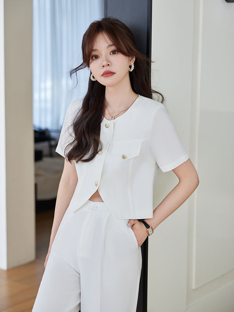 Short Suit Set for Women, High-End Style, 2025 Spring New Model, Elegant Goddess Style Suit with Wide-Leg Pants, Two-Piece Set