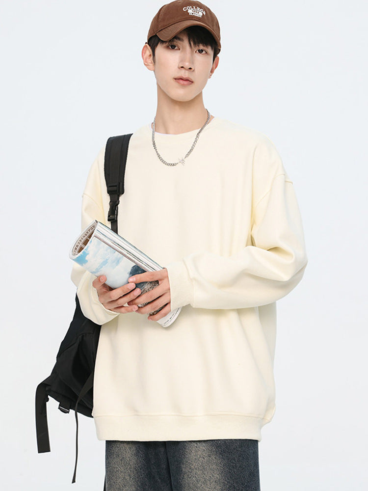 Autumn New Solid Color Loose Round Neck Sweatshirt for Men Trendy Brand Student Couple Hoodless Casual Long Sleeve Inner Layering Shirt