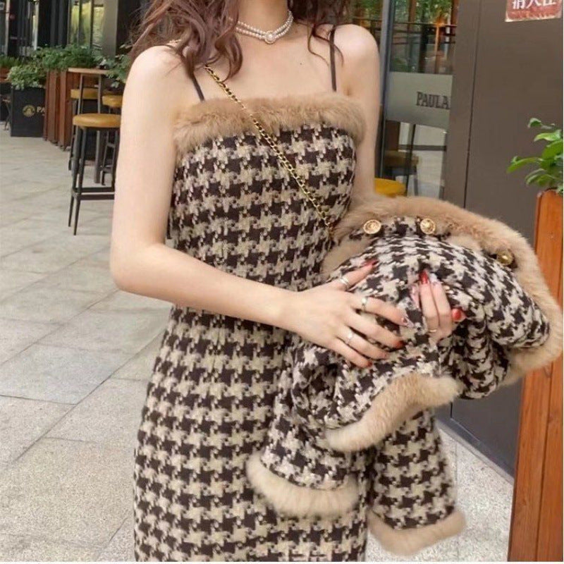 Plus-Size French-Style Houndstooth Fleece-Lined Thickened Coat for Women, 2025 Winter Warm Suspender Dress Set