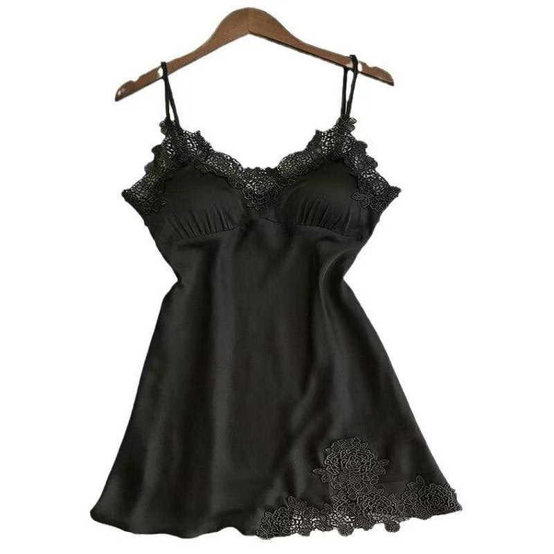 Sexy Suspender Skirt with Breast Pad Pajamas for Women Summer Women's Silk Suspender Pajamas Lace Large Size Home Dress