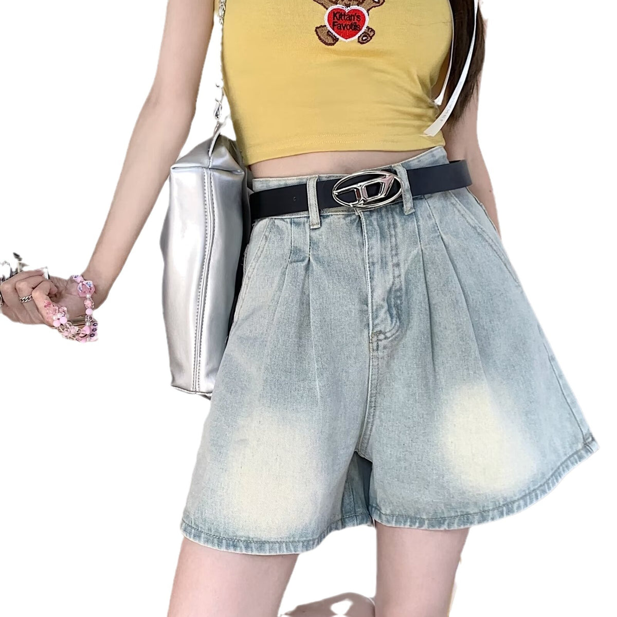 Design Sense Pleated High Waist Jeans Women's Summer American Style New Slim A- Word Retro Loose Wide-Leg Shorts for Women
