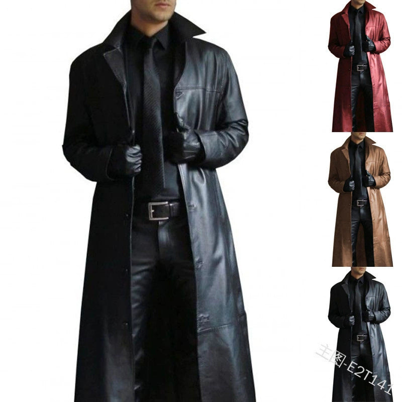 American Casual Western Cowboy Long Leather Windbreaker Men's Slim Lapel Pu Leather Jacket Cos Clothing Leather Outwear