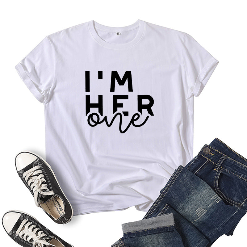 in stock Foreign Trade Cross-border I 'M HER ONE Couple Valentine's Day Printed Short-sleeved Crewneck T-shirt European and American Men and Women