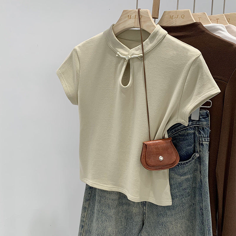 New Chinoiserie National Style Niche Chic Design Short-Sleeved T-Shirt for Women Summer 2025 New Stand-Up Collar Buttoned Short Top