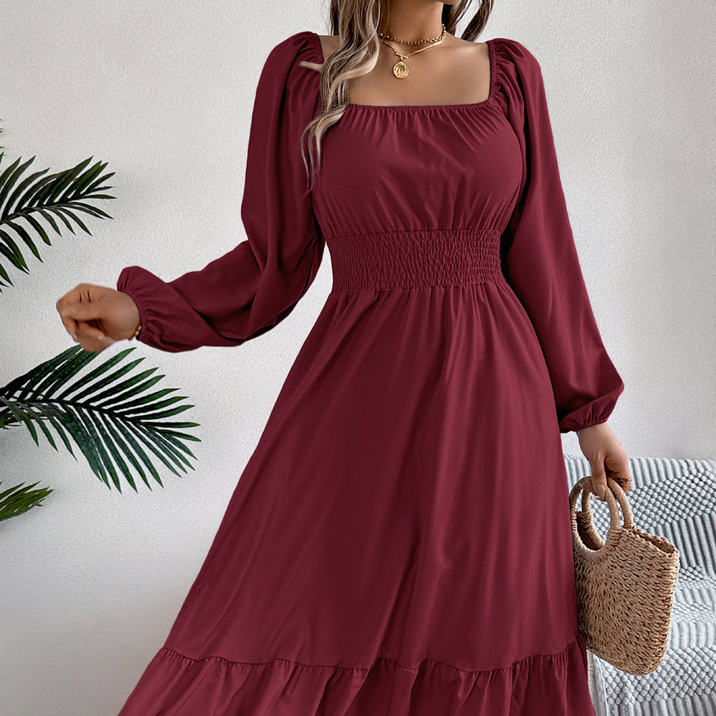 2026 Spring/Summer European and American Casual Solid Color Square Neck Long Sleeve Waist-Cinching Ruffle A-Line Dress Amazon Cross-Border Women's Clothing
