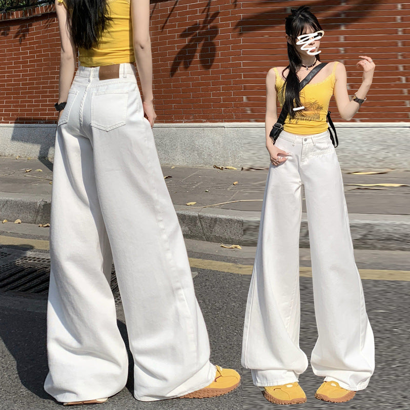 White Wide-Leg Jeans for Women 2025 Spring New High-Waisted Loose Slimming Look Lazy Draped Straight Floor-Length Pants