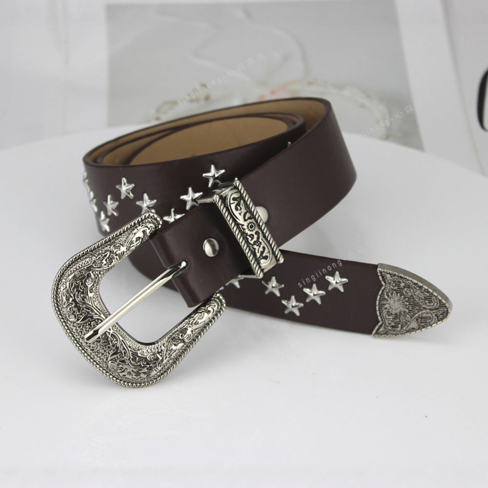 European and American Punk Style Wide Belt with Rivets, High-End Women's Belt, Women's Personalized Pin Buckle Jeans Belt, Retro Belt