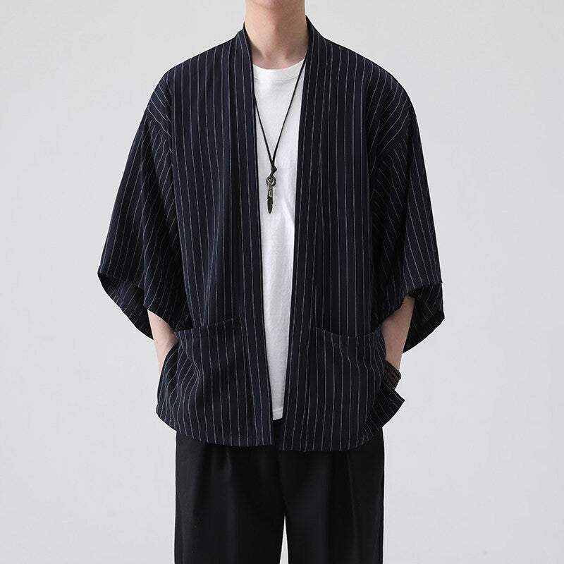 2025 New Summer Stripesd Men's Three-Quarter Sleeve Windbreaker Large Size Thin Outwear Chinese Style Cloak Men's Top