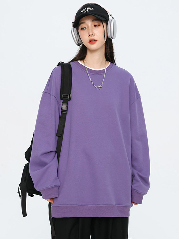 Autumn New Solid Color Loose Round Neck Sweatshirt for Men Trendy Brand Student Couple Hoodless Casual Long Sleeve Inner Layering Shirt