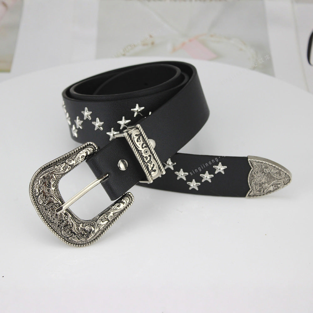 European and American Punk Style Wide Belt with Rivets, High-End Women's Belt, Women's Personalized Pin Buckle Jeans Belt, Retro Belt