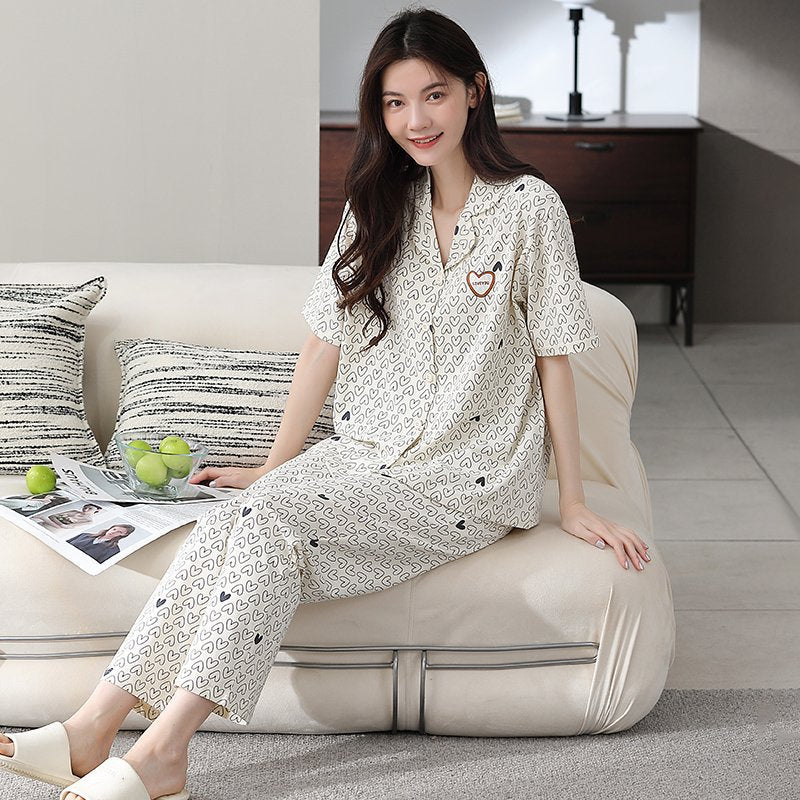 2026 New Women's Summer Pajamas, Cotton Short-Sleeve Long Pants, High-End Cardigan Loungewear Set for Women, Suitable for Wearing Outside