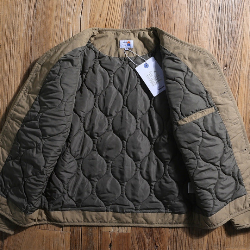 National Trend Retro Collarless Autumn and Winter Men's Jacket Cotton-Padded Coat Trendy Brand V-Neck Padded Jacket Thickened Warm Cotton Coat for Men