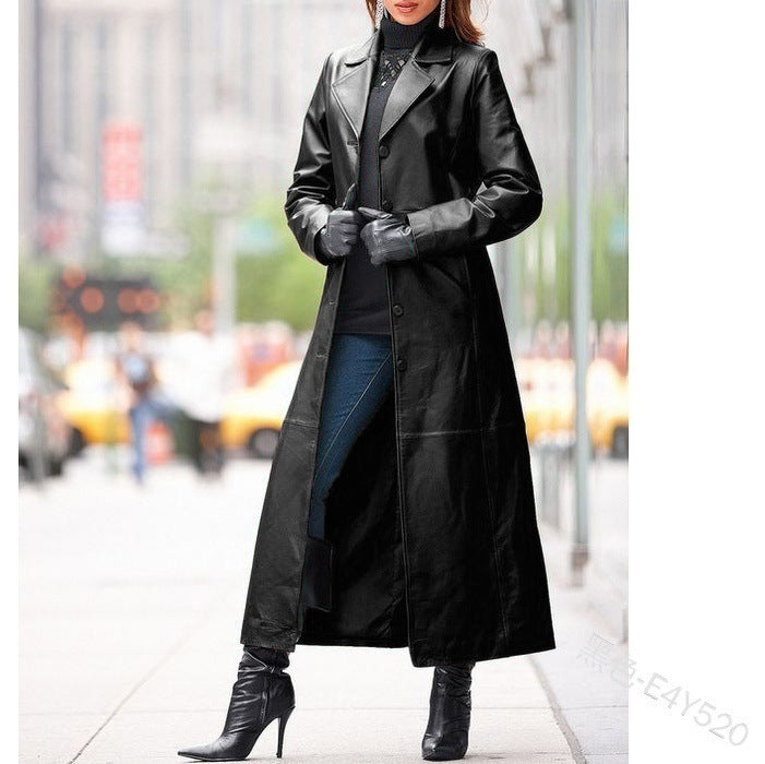 Ready-Made Cross-Border Supply European and American Clothing Buttoned Leather Jacket Long Outwear Slim Large Size Leather Windbreaker Wholesale