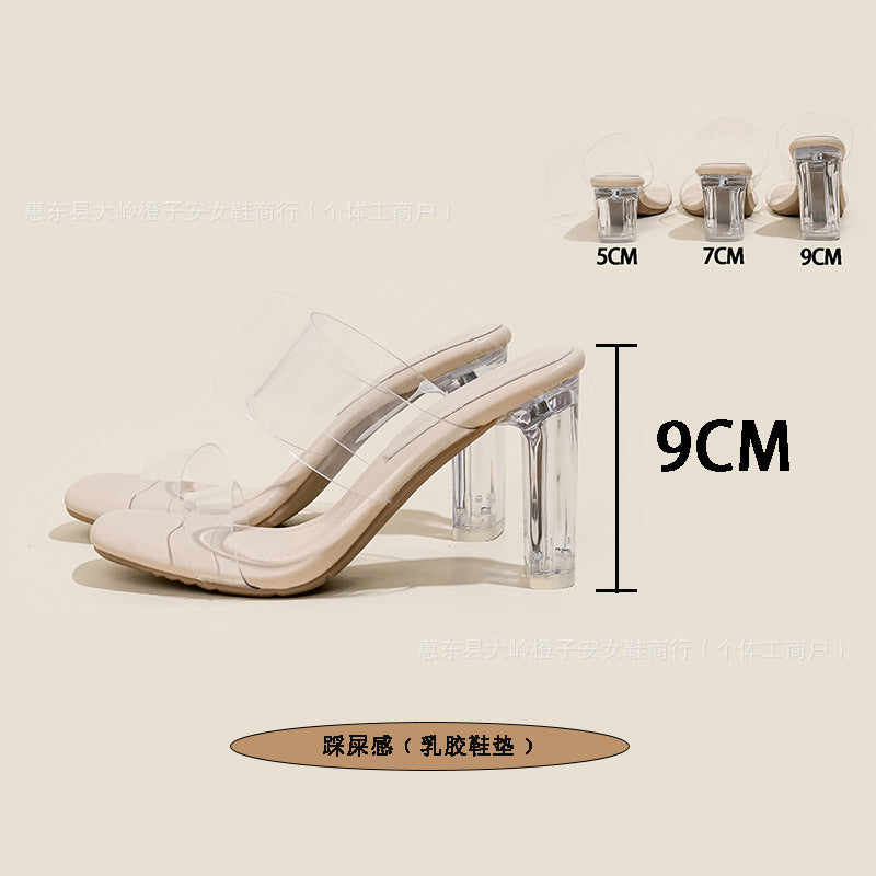 Transparent Crystal High-Heeled Sandals for Women, Summer 2026 New Style, One-Strap Square-Toe Outdoor High Heels