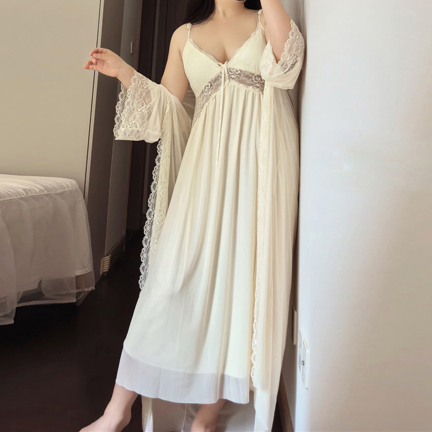 1510 Summer chubby girl plus size Pajamas Women 200 Jin Sexy Lace V-Neck Sling with Chest Pad Two-Piece Long Nightgown