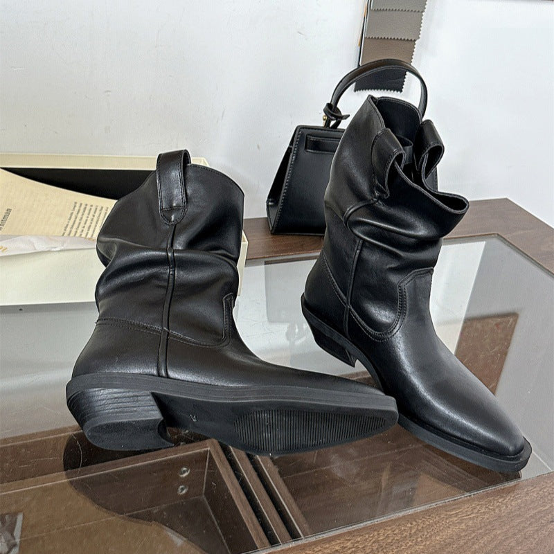 Wide-Leg Boots for Plus-Size Women with Thick Calves, Black Ruched Slouch Boots, Soft Leather Boots, Western Cowboy Riding Boots for Autumn