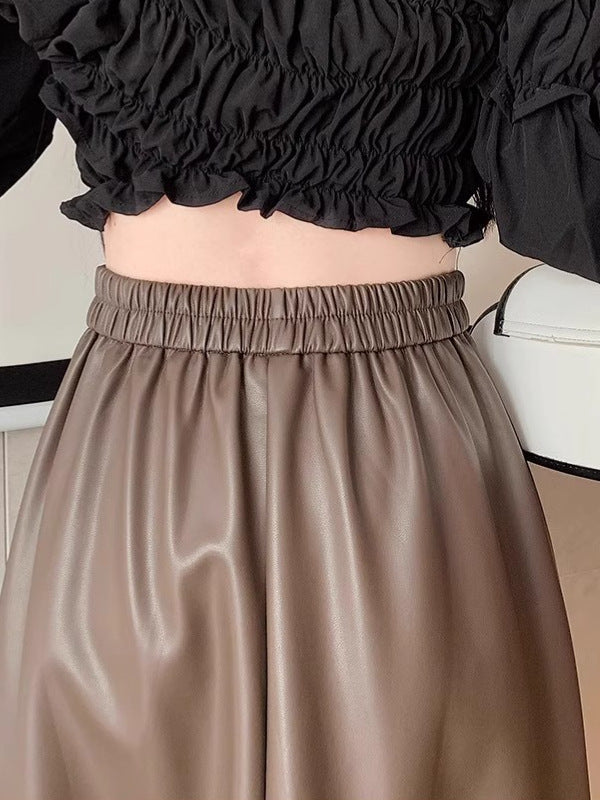 Black Leather Skirt, Long Style, for Petite Women, Autumn 2025 New High-Waisted A-Line Skirt, Pu Leather Skirt