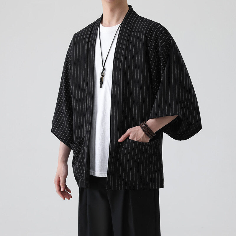 2025 New Summer Stripesd Men's Three-Quarter Sleeve Windbreaker Large Size Thin Outwear Chinese Style Cloak Men's Top