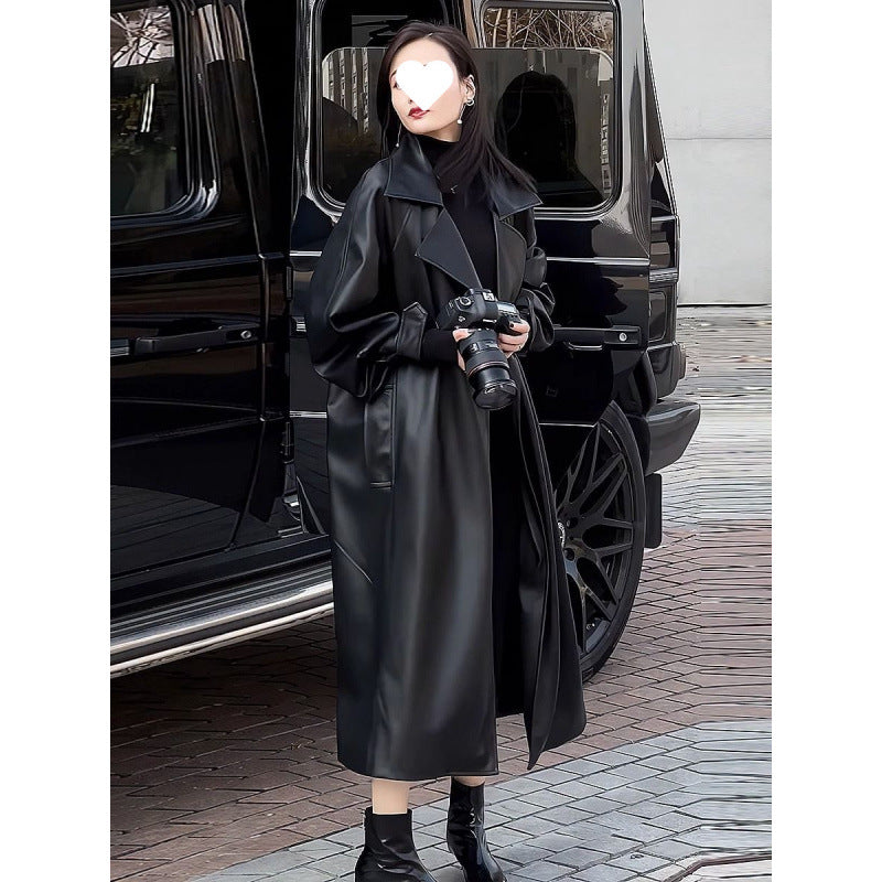 Down jacket leather clothing fashion temperament long knee leather clothing 24 coat new loose windbreaker autumn and winter explosions