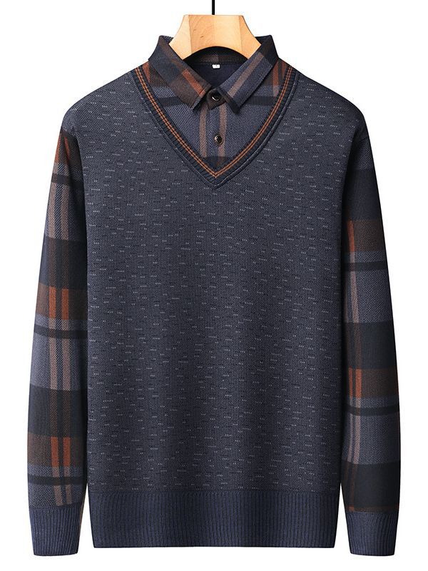 Autumn and Winter middle-aged and elderly fake two-piece sweater men's dad wear fleece-lined thickened slim shirt collar warm sweater