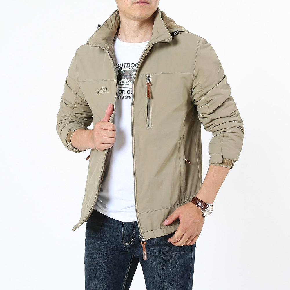 Men's Autumn and Winter Jacket Hooded Business Casual Velvet Thickened Top Waterproof Young and Middle-Aged Hooded Windbreaker Jacket