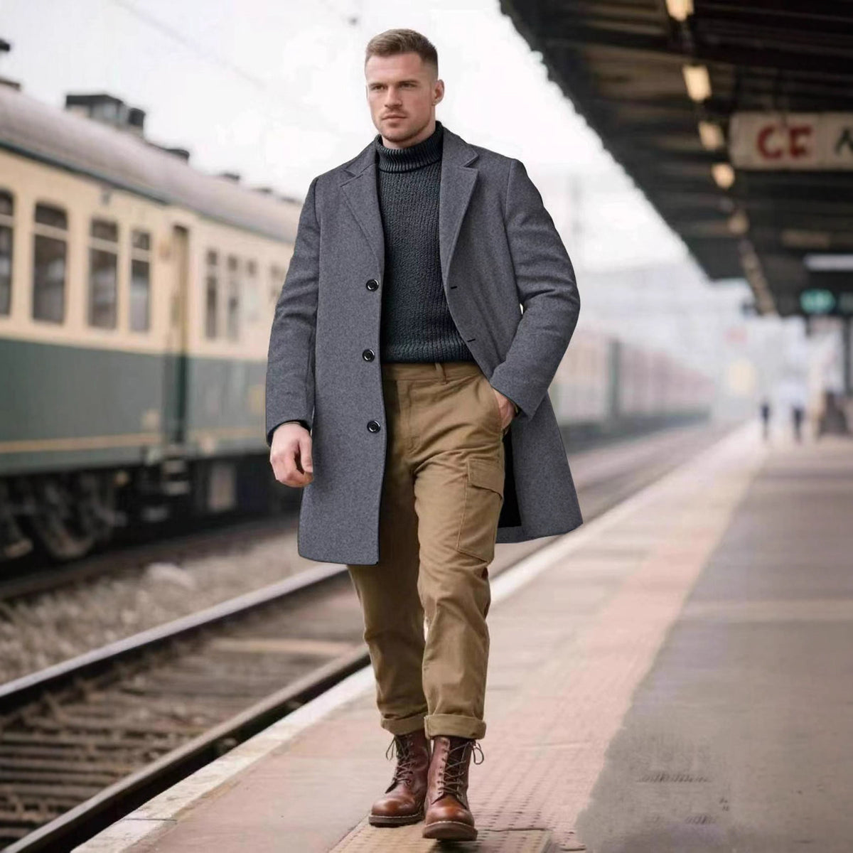 Cross-Border European Sizes Exclusively for European and American Hot-Selling Spring and Autumn Men's Lapel Slim Simple Solid Color Elegant Trench Coat