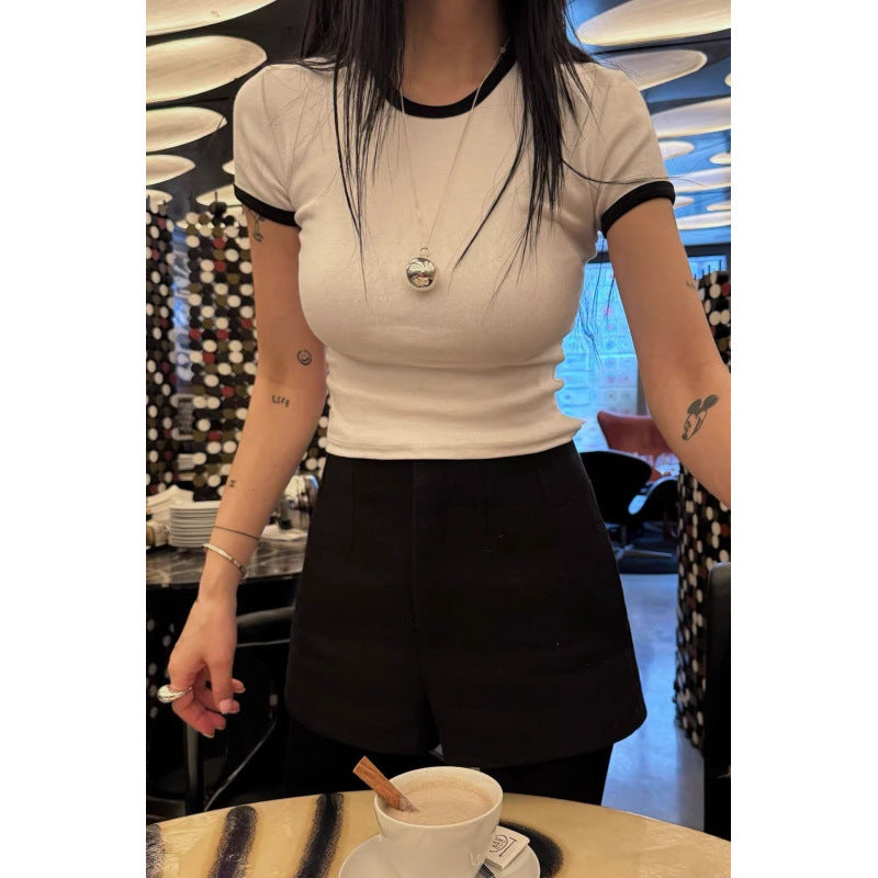 Women's Clothing Slim Round Neck Pullover Slim Fit Hemming Slim Short-Sleeved T-Shirt for Women