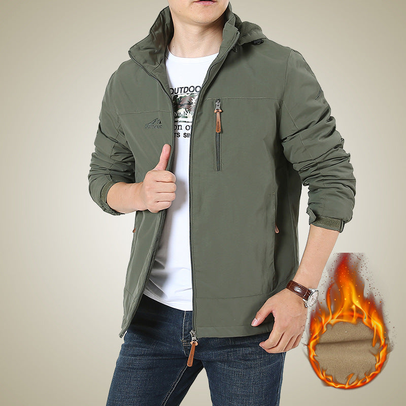 Men's Autumn and Winter Jacket Hooded Business Casual Velvet Thickened Top Waterproof Young and Middle-Aged Hooded Windbreaker Jacket