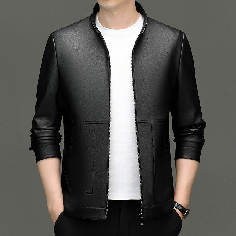 Leather men's 2024 autumn and winter new fleece-lined thickened stand collar pu leather jacket coat protein ecological leather men's