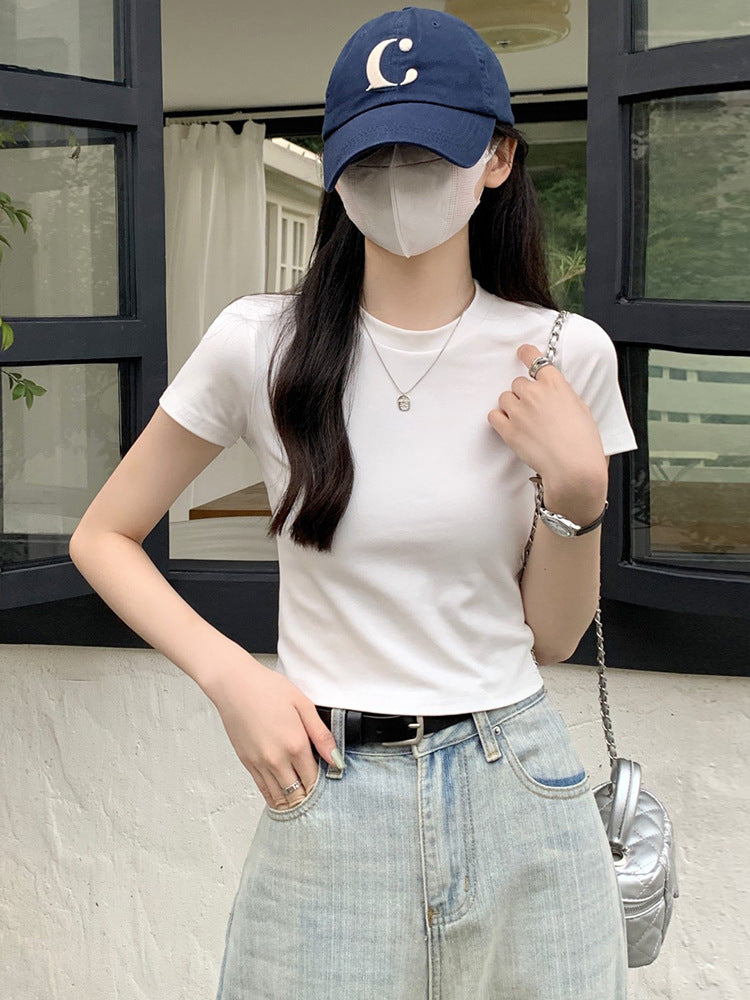 Black Straight-Shoulder Round-Neck T-Shirt for Women, Simple Basic Top, Summer Slim-Fit American Style Short-Sleeve Tee