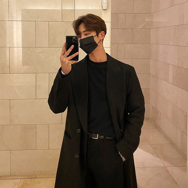 2024 Winter Men's Mid-length Knee-length Thickened Loose Korean Double-breasted Woolen Coat Coat Woolen Coat