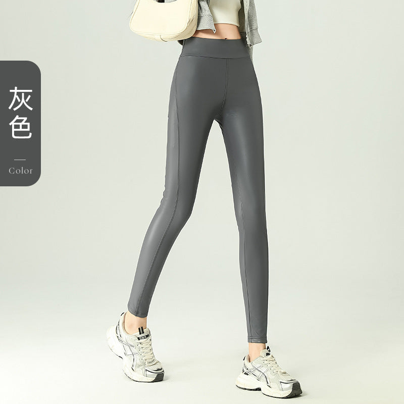 Leather Pants Women's Tight 2024 New High Waist Thin Cropped Pants fleece-lined Leather Matte Leggings Outer Wear Long Pants
