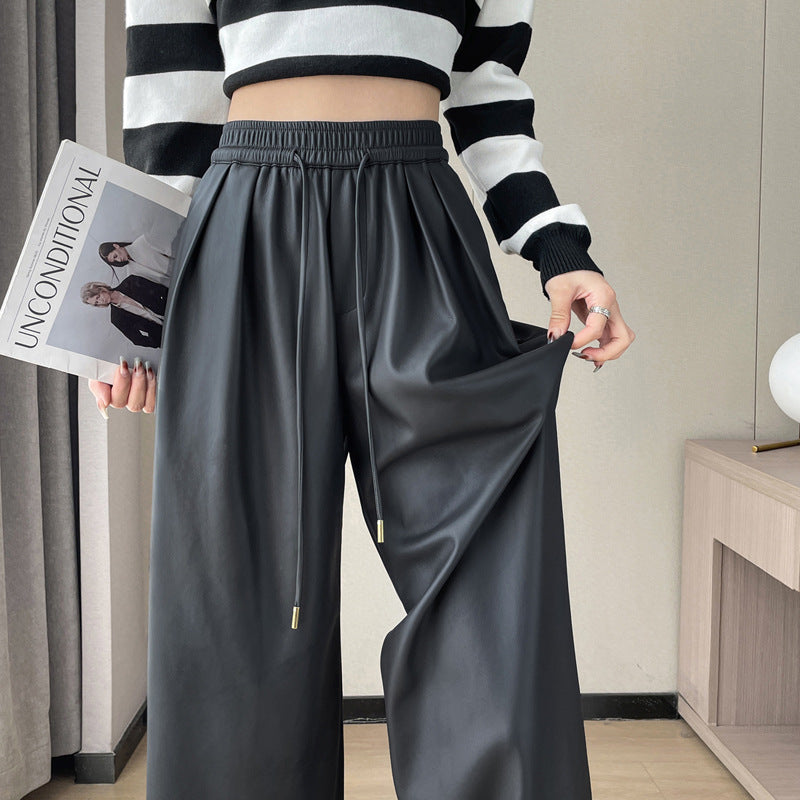 Real shot in stock leather pants women 2024 autumn and winter new fleece-lined PU leather soft leather floor wide leg pants high waist casual pants