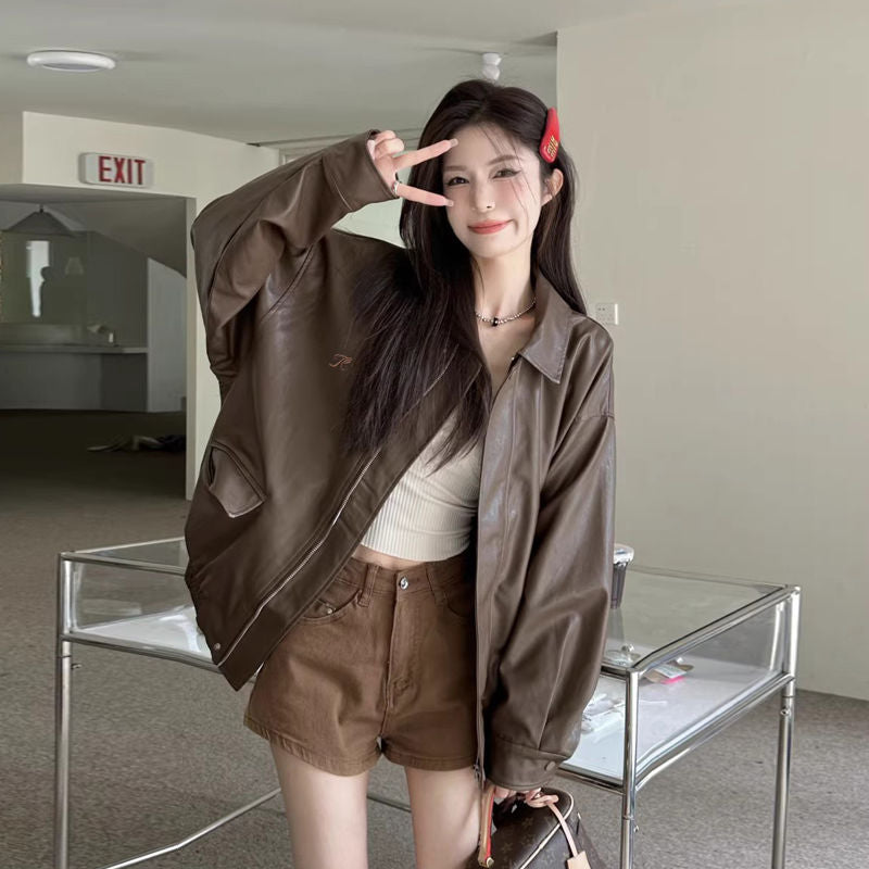 Trendy Cool Women's Spring and Autumn 2024 New Retro Loose Street Biker Leather Jacket Ins Cool Stylish