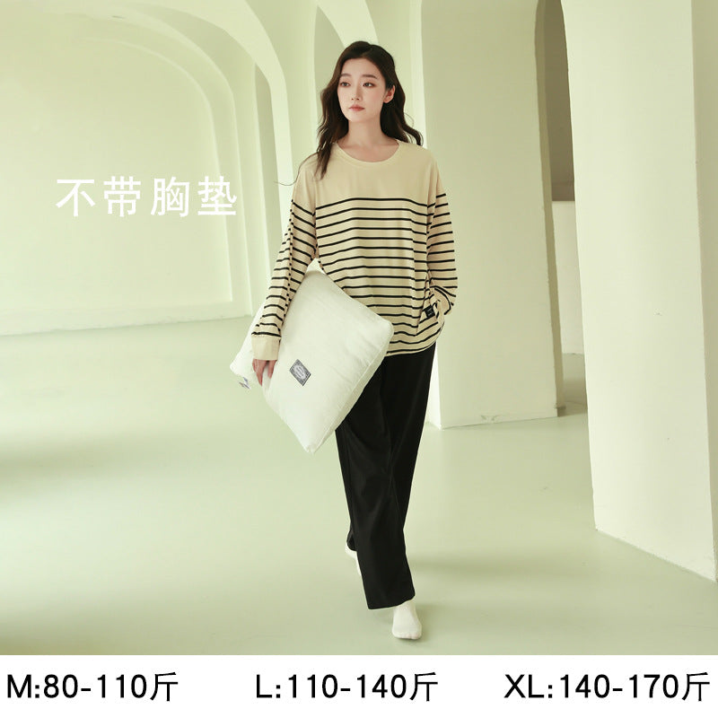 Women's Pajamas, Pure Cotton, Spring and Autumn Long-Sleeved Set, Large Size, High-End Striped Design, Can Be Worn Outside, with Chest Pads, Home Wear
