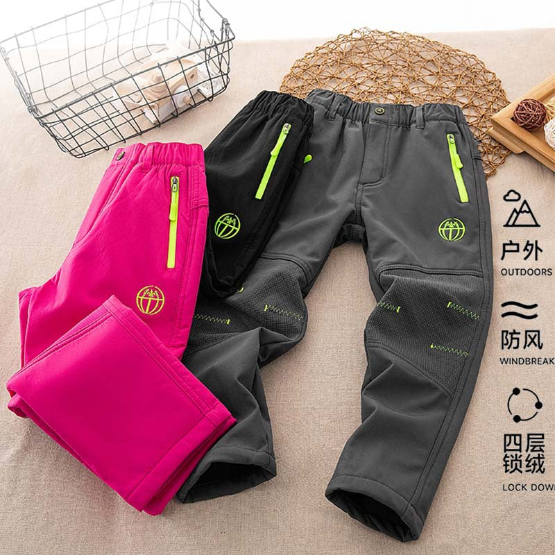 Cross-border Children Autumn and Winter Outdoor Soft Shell Rush Pants Mountaineering Jogging Pants Windproof fleece-lined Warm Pants for Boys and Girls