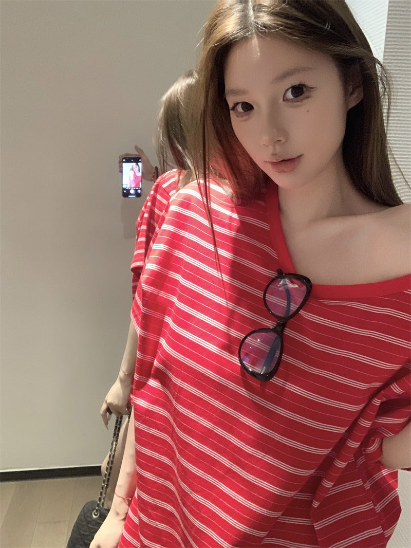 American Style Contrast Striped Off-Shoulder Short-Sleeve T-Shirt for Women, Summer New Ins Loose Slimming Versatile Pullover Top