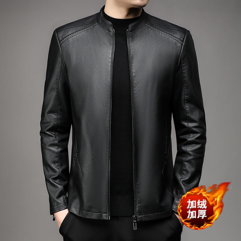 Men's Leather Jacket Men's 2025 Autum New Middle-Aged Fashion Business Stand Collar Fleece-Lined Casual Men's Leather Jacket Jacket