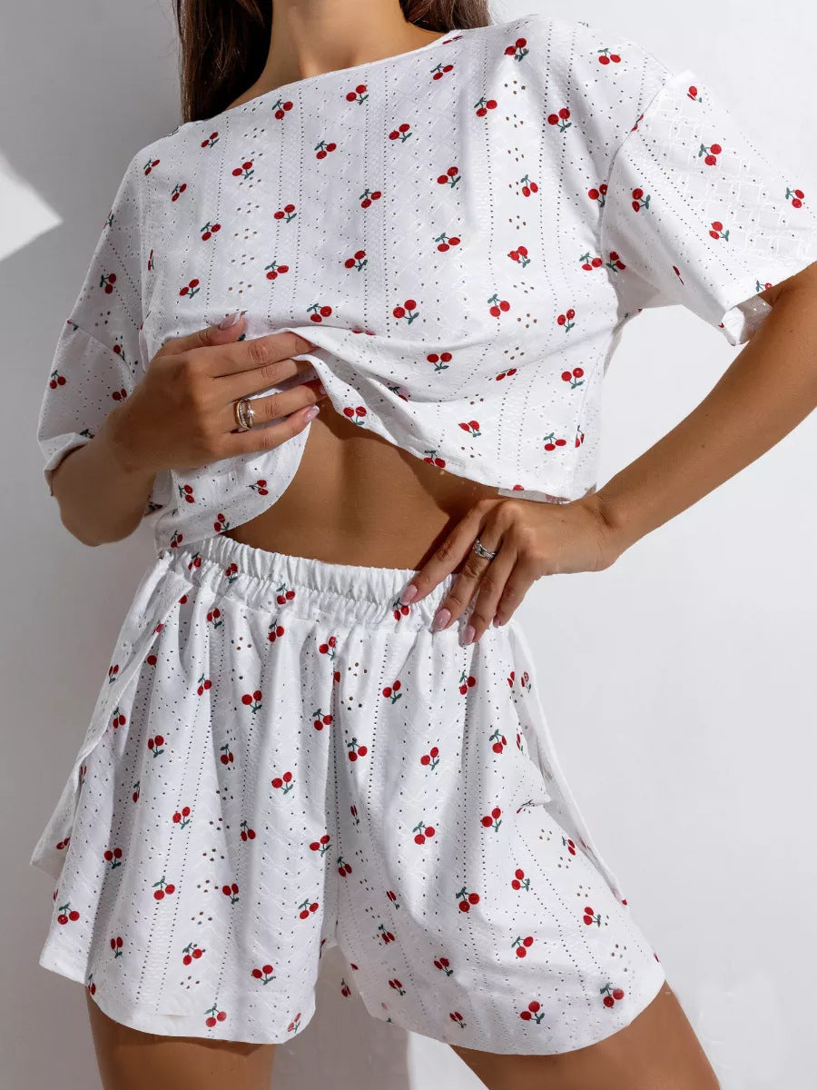 Women's Pajamas with Hollow-Out Breathable Print, Sexy Split Shorts, Round Neck Top Set, Loungewear for Home Comfort