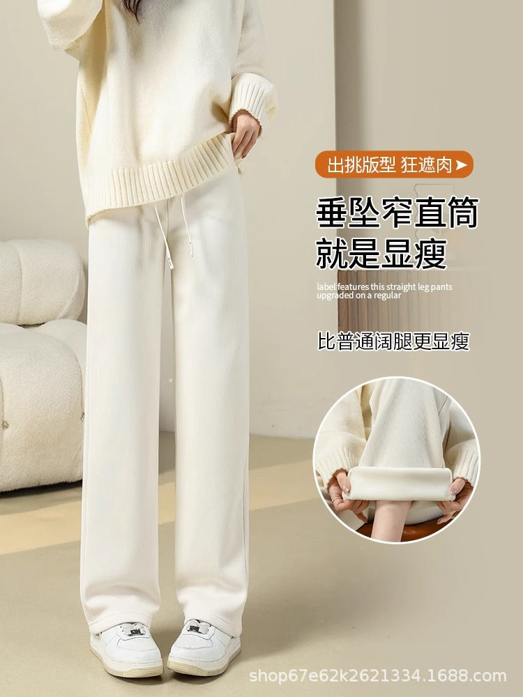 Plus velvet pants children autumn and winter 2024 new this year popular explosions black chenille wide leg pants narrow version straight pants