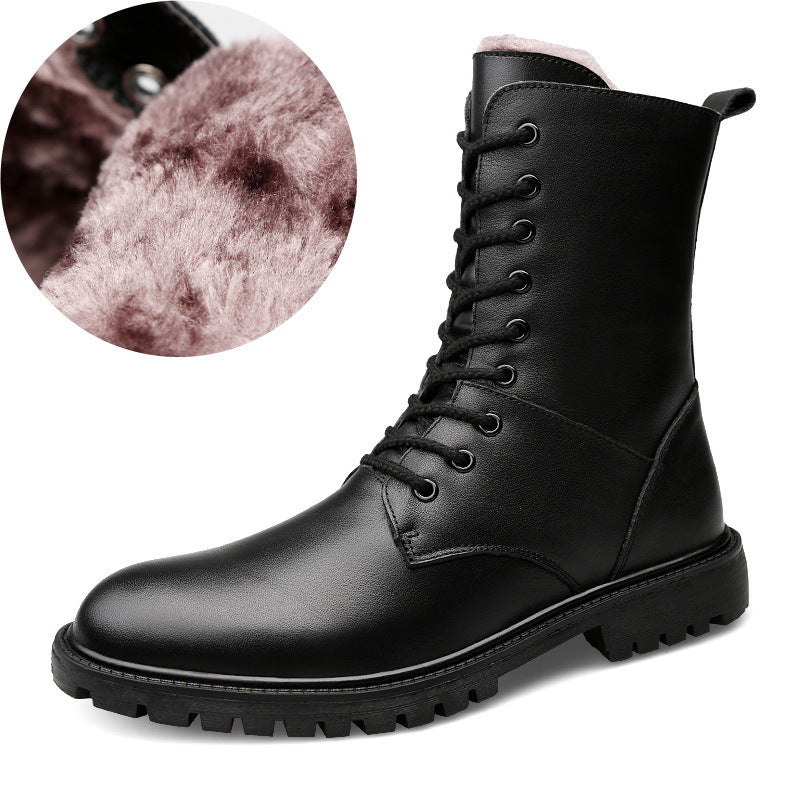 Winter new men's high barrel plus velvet cowhide cotton boots high-top warm special military boots large size 37-48 wholesale