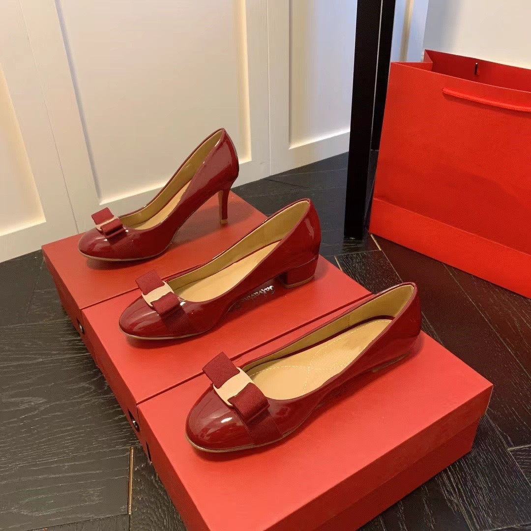 High Version Spring New Style Small Red Shoes Round Toe Comfortable Bow Shoes Thick Heel Flat Patent Leather French Women's Wedding Shoes